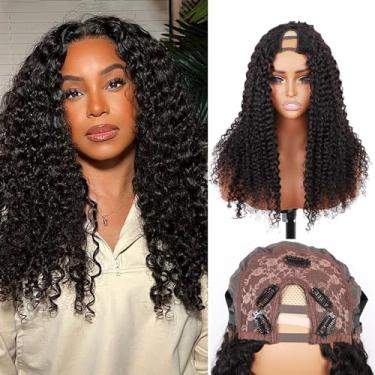 Imagem de Peruca em V Part Cabelo Humano 12A Peruca de Cabelo Humano Sem Cola Parte U Peruca com Clipe 180% Densidade Meia Perucas para Mulheres Amigáveis para Iniciantes, Sem Costurar Sem Cola (1B, 45,7 cm)