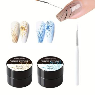 Imagem de finger secret Kit de gel de aranha de 5 g para unhas, design de aranha para desenho de arame, gel de unha para linha com pincéis para arte de unhas (azul dourado)
