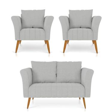 Imagem de Kit 01 Namoradeira 02 Lugares E 02 Poltronas Marilia Linho Cinza Claro A05 Pés Palito Castanho - D'rossi