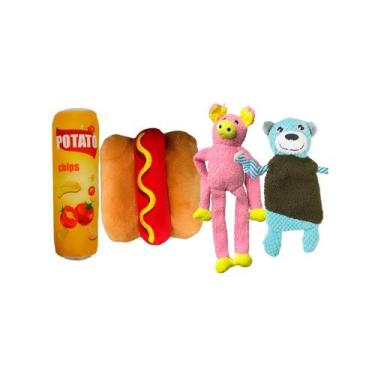 Imagem de Kit 4 Brinquedos para Cães  Chips, Hotdog, Porquinho e Urso - ELO IMPO