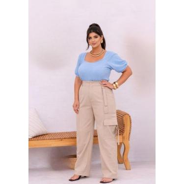Imagem de Calça Pantalona Plus Size Cargo com Cintura Alta Cor:BegeTamanho:46 - 