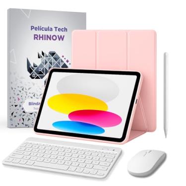 Imagem de Kit Capa Rosa com suporte de caneta para iPad 10ª e 11ª geração + Película de vidro + Caneta Precision + Teclado e Mouse (Rhinow)