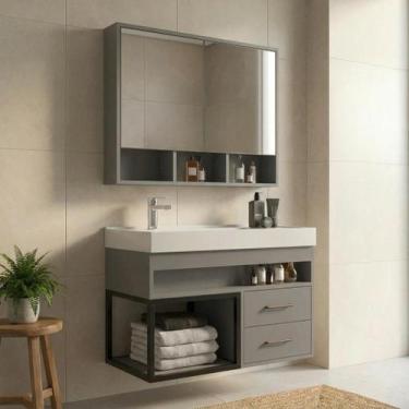 Imagem de Conjunto Gabinete para Banheiro Suspenso com Cuba, Nicho e Espelheira 
