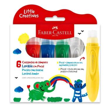 Imagem de Pincéis com Guache Lavável Jumbo Faber-Castell Modelo 6 Cores Prático com 6 Peças de 24ml para Pintura Infantil