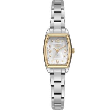 Imagem de Relogio Technos feminino prata dourado quadrado pequeno mini strass 20