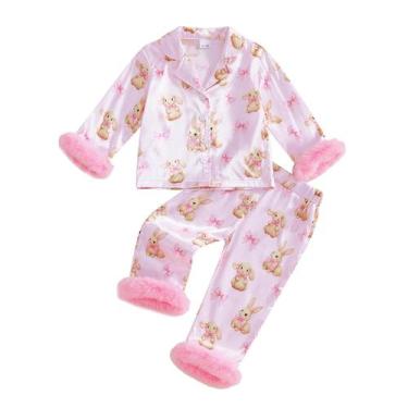 Imagem de Pijamas Afunbaby Toddler Girl de cetim de mangas compridas com coelho 
