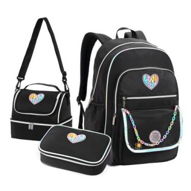 Imagem de Kit Mochila Escolar com Estojo Box e Lancheira Preto Aula Lápis Caneta