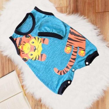 Imagem de Conjunto Macacão Regata Tigre + Boné Curto Bebe Menino Tam RN a 03 Mes