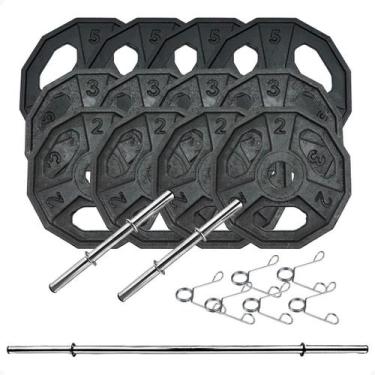 Imagem de Kit 40 Kg de Anilhas Dectagonal Ferro Fundido + Barras com Presilhas -