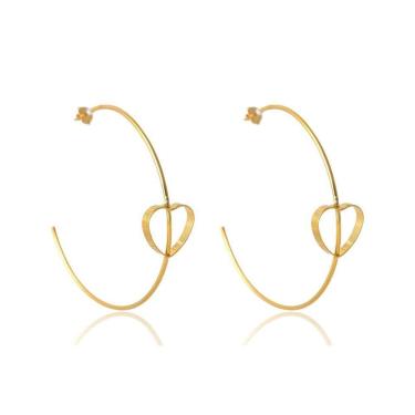 Imagem de Brinco Argola Grande Fina Com Coração Embutido Em Ouro 18K