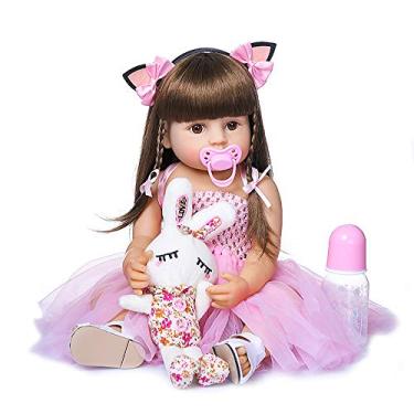 Imagem de Boneca bebê Reborn, Entweg de 55,88 cm Boneca bebê Reborn de silicone de corpo inteiro boneca de presente de bebê com orelha de gato e vestido rosa