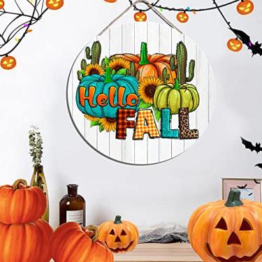 Imagem de Idle Decormay Placa de madeira para pendurar na parede Hello Fall placa decorativa para festival de ação de graças casa quarto cafeteria bar decoração de parede