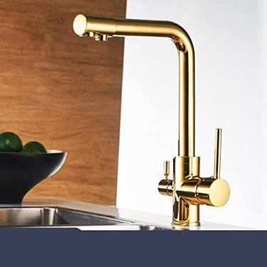 Imagem de Torneiras de cozinha com filtro Torneira misturadora montada no convés Rotação 360 com purificação de água Recursos Torneira misturadora para cozinha, dourado