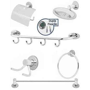Imagem de Conjunto de Banheiro Inox Com Cabideiro de 4 Ganchos Dupla Fixação Linha Stander