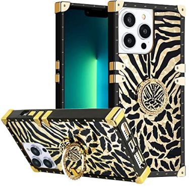 Imagem de Capa para iPhone 14/iPhone 13 com suporte de anel, DMaos Golden Reflective Suitcase Fashion Design para Mulheres, Suporte de Diamante Brilhante, Premium para iPhone14 iPhone13 6,1 '' - Zebra