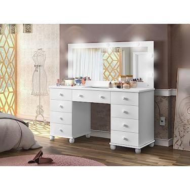 Imagem de Potente Móveis Penteadeira Camarim 9 Gavetas Led Espelho Branco Contemporânea MDF e Madeira