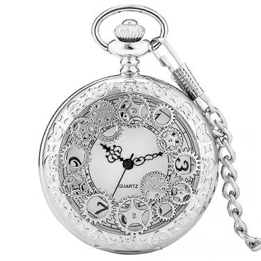 Imagem de ZALTAS Prata Gear oco quartzo relógio de bolso cadeia Fob Watch algarismos arábicos Exibir relógios Relógio Antigo Presentes