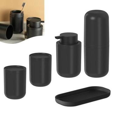 Imagem de Kit Dispenser Sabonete Líquido Suporte Escova Creme Dental 2 Porta Algodão Bandeja Pia Preto Bold Ou