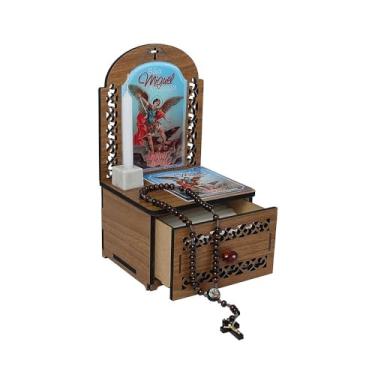 Imagem de Kit Quaresma de São Miguel Arcanjo - Oratório Com Gaveta, Porta Vela e Terço Com Folheto