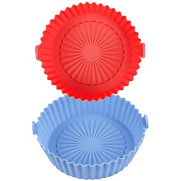 Imagem de Pacote com 2 forros de silicone Air Fryer para fritadeira redonda, forros de silicone para fritadeira de ar, acessórios reutilizáveis resistentes ao calor, para assar, cozinhar, 16,5 cm, azul e vermelho