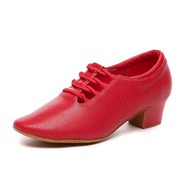 Imagem de Minishion Sapatos de dança de couro para mulheres com cadarço salto baixo confortáveis sapatos de salão latinos D36, D36 salto vermelho de 4 cm (1,6"), 4.5