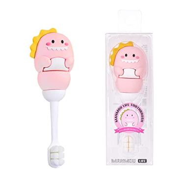 Imagem de ZMRZ Escova de dentes infantil com limpador de língua, cerdas extra macias para crianças a partir de 1 ano | Escova de dentes de bebê em forma de dinossauro para iniciantes com aderência ergonômica -