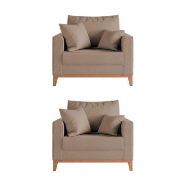 Imagem de Kit 2 Poltronas Beny Decorativa Com 2 Almofadas Veludo Bege Base Em Madeira Maciça - Cor: Bege