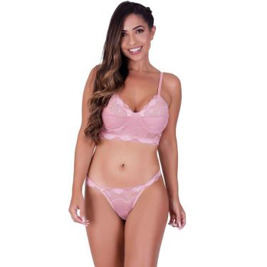 Imagem de Conjunto fio sexy sem bojo e com arco em renda de poliamida rosa romance