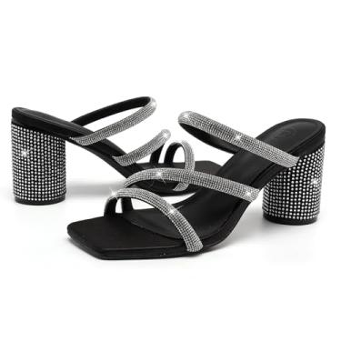 Imagem de kkdom Sandálias femininas quadradas de bico aberto com glitter, salto grosso, brilhante, strass, salto curto, salto mule, Preto, 35