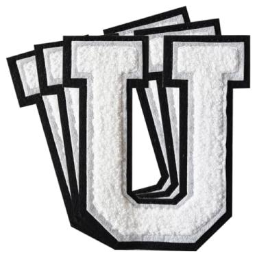 Imagem de 3 Pçs Remendos de letras de chenille remendos de ferro em remendos universitários Remendos bordados de chenille remendos costurados para roupas chapéu bolsas jaquetas camisa (branco, U)