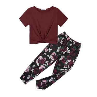 Imagem de Arshiner Conjuntos de roupas para meninas tie dye frente torcida tops e calças de moletom roupas esportivas agasalhos 4-13 anos, Marrom floral, 14-15 Years