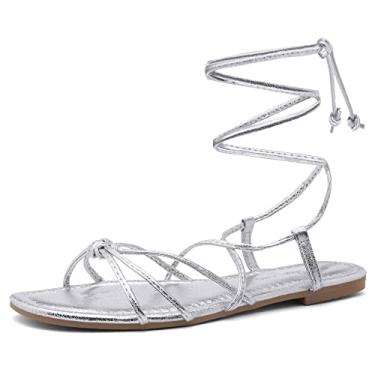 Imagem de Shoe Land Flashh Sandália rasteira feminina com cadarço quadrado aberto tiras cruzadas verão slides, 2022, prata, 6