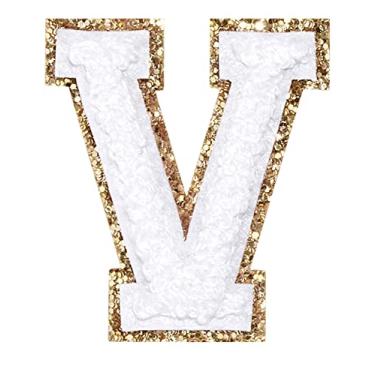 Imagem de 3 Pçs Chenille Letras Patches Ferro em Remendos Glitter Varsity Letras Remendo Bordado Borda Dourada Costurar em Patches para Vestuário Chapéu Camisa Bolsa (Branco, V)
