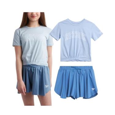 Imagem de Reebok Conjunto de shorts para meninas - 2 peças de camiseta ativa e shorts de corrida com borboleta - Conjunto de shorts esportivos e de dança esvoaçantes (4-12), Azul ardósia, 7