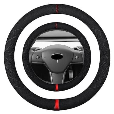 Imagem de K LAKEY Capa de volante de camurça de 35,5 cm, compatível com Tesla Model 3 Model Y Alcantara couro esportivo capa de roda antiderrapante acessórios interiores de carro 35-14 1/4 polegadas para homens e mulheres