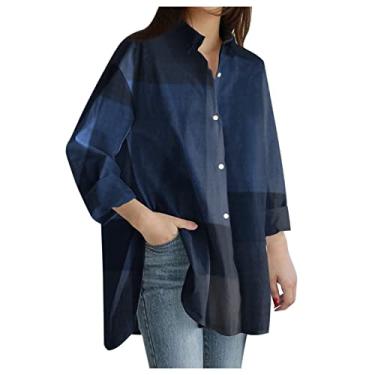 Imagem de Camisa feminina de algodão e linho, abotoada, 2024, casual, manga comprida, xadrez, blusas soltas com bolsos, Azul-marinho, XXG