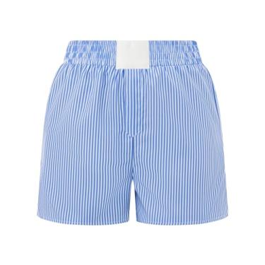 Imagem de Short feminino de pijama micro boxer Y2k fofo pijama shorts xadrez, Listra azul celeste, M