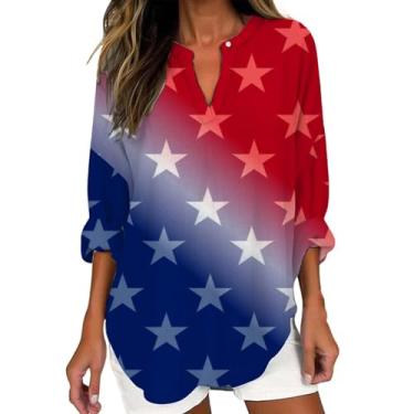 Imagem de Camisetas femininas de linho com bandeira americana, blusa patriótica de verão, manga comprida, gola V, tamanho grande, túnica estampada em 4 de julho, Branco, XXG