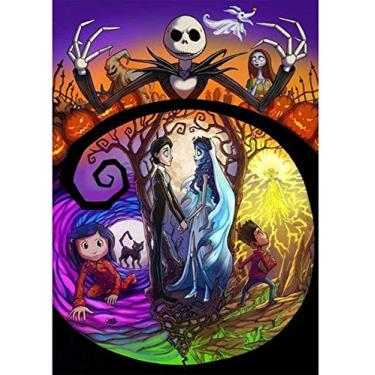 Imagem de Faça você mesmo pintura de diamante Jack e Sally Halloween 30,5 x 40,6 cm, kit de brocas redondas completos O Estranho Mundo de Jack e Natal Arte de mosaico para adultos relaxar e decoração de parede de casa presente de festival