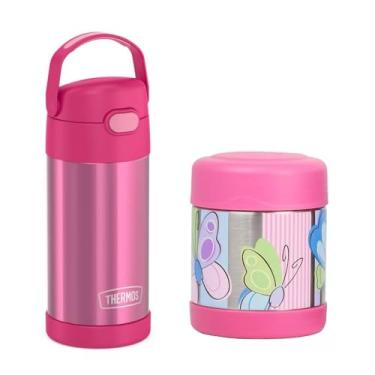 Imagem de Kit Crianças Garrafa E Pote Térmico Alimentação Infantil Thermos Rosa Meninas Escolar Passeio Picnic