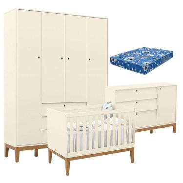 Imagem de Quarto de Bebe Unique 4 Portas com Cômoda Sapateira Off White Eco Wood e Colchão Ortobom - Matic