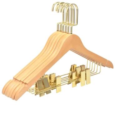 Imagem de 10 Cabide de Madeira Marfim com Presilha Lisa Dourado Gancho Luxo