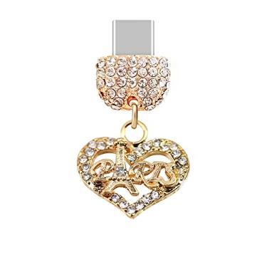 Imagem de ELISE & FONDA TP163 Tipo-C porta de carregamento USB cristal antipoeira plugue Paris amor coração celular charme para celular Samsung/Huawei/OnePlus/Xiaomi/oppo Android (ouro), approx. 2 cm (L) x 0.4