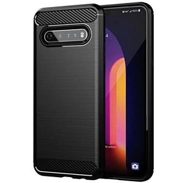 Imagem de CAVEKEAP Capa fina para LG V60 ThinQ, borracha de silicone flexível TPU macia à prova de choque de fibra de carbono antiarranhões para LG V60 ThinQ, preto escovado
