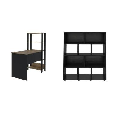 Imagem de Kit 2 Peças com Escrivaninha Match e Estante para Livros 10 Nichos Preto/Pinho