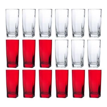 Imagem de Kit Copos de Vidro 320ml 9 Vermelho + 9 Transparente Agua Suco - PRATI