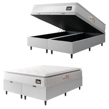 Imagem de Cama Box Baú Casal Queen Colchão Espuma D45 Lazio Pillow Top 158x198x65cm Branco Hellen – Suporta Até 150 Kg Por Pessoa