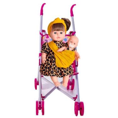 Imagem de Boneca Ayana Mamãe e Filha + Carrinho Passeio Dobrável Rosa - Adijomar
