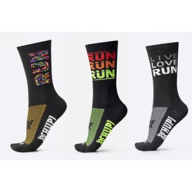 Imagem de Kit 03 Pares Meia Corrida Hupi Estampas RUN Cano Médio, Preto, 36-42