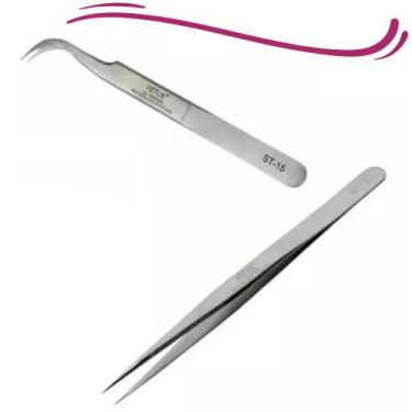 Imagem de Kit 2 Pinças P/ Cílios Pinça Curva St-15 E Reta St-12 Vetus - Dermabla